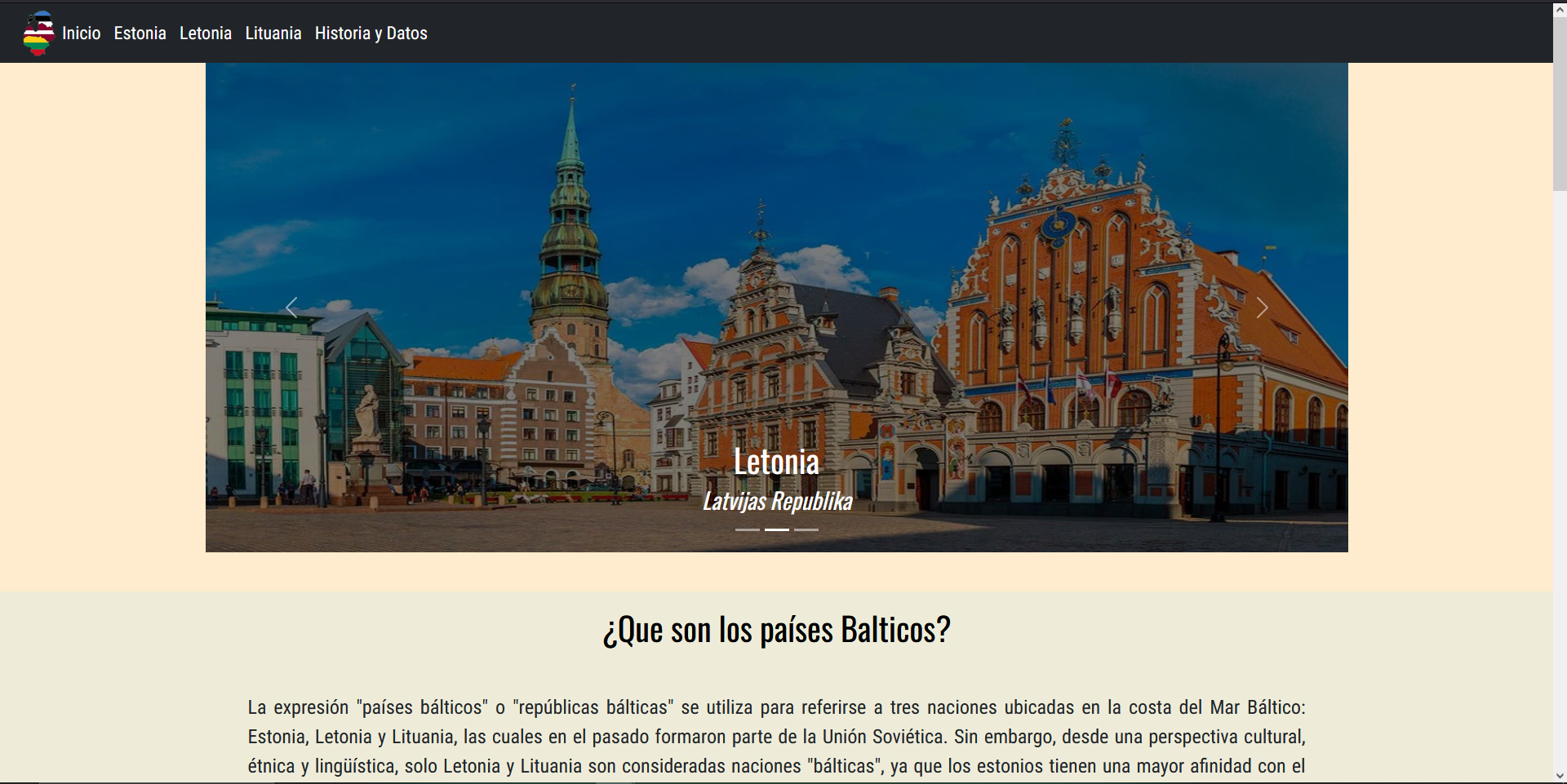 Imagen sitio web: paises balticos. Mostrando barra de navegacion y carrusel con bootstrap